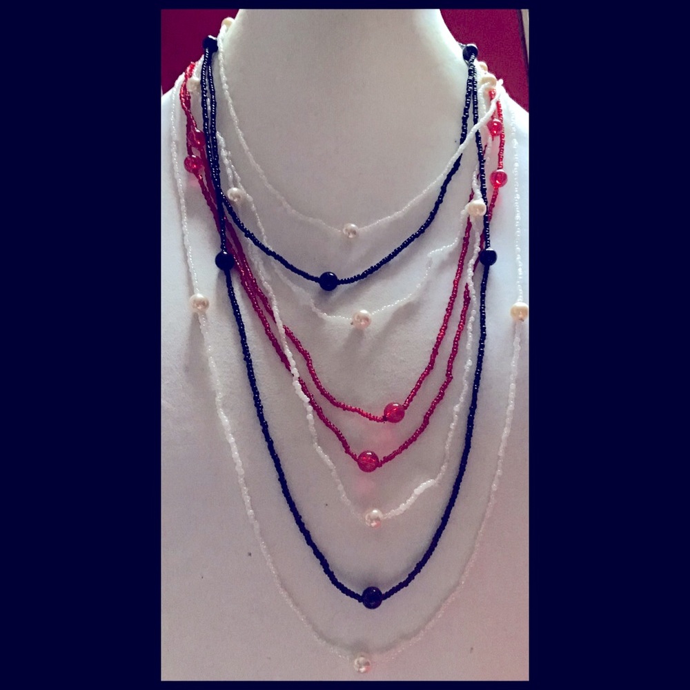 46”- 48” Handcrafted Four Red, White and Black Beaded Necklaces